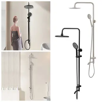 304不鏽鋼雨淋花灑套裝,拉絲鎳/噴漆淋浴龍頭套裝,雨淋式出水嘴,圓形龍頭,黑/銀色 6 最佳銷售 淋浴龍頭套裝 - №5