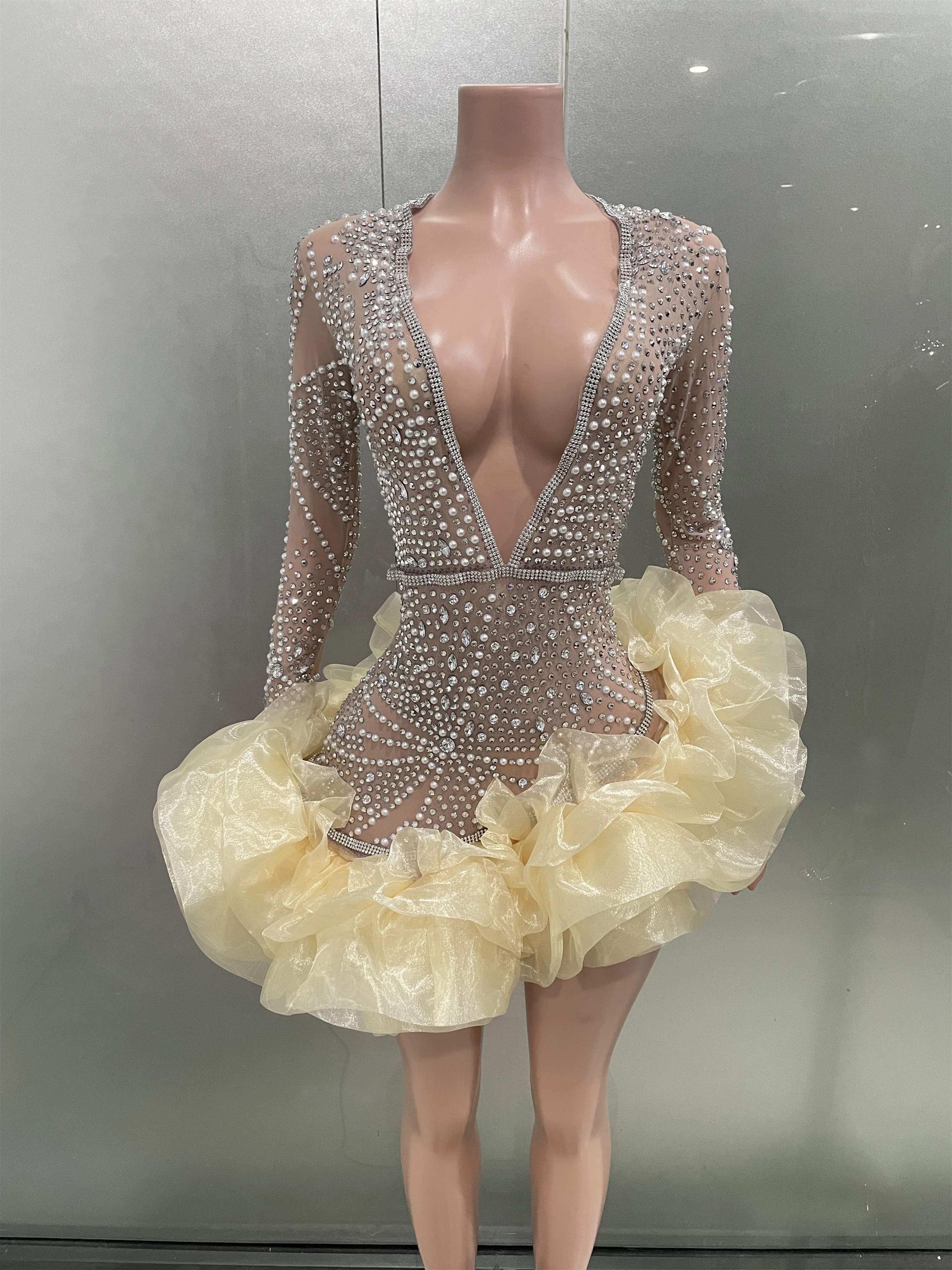 여성용 럭셔리 섹시 딥 V 메쉬 원근법 진주 크리스탈 다이아몬드 긴팔 원피스, 우아한 클럽 디너 생일 파티 의류