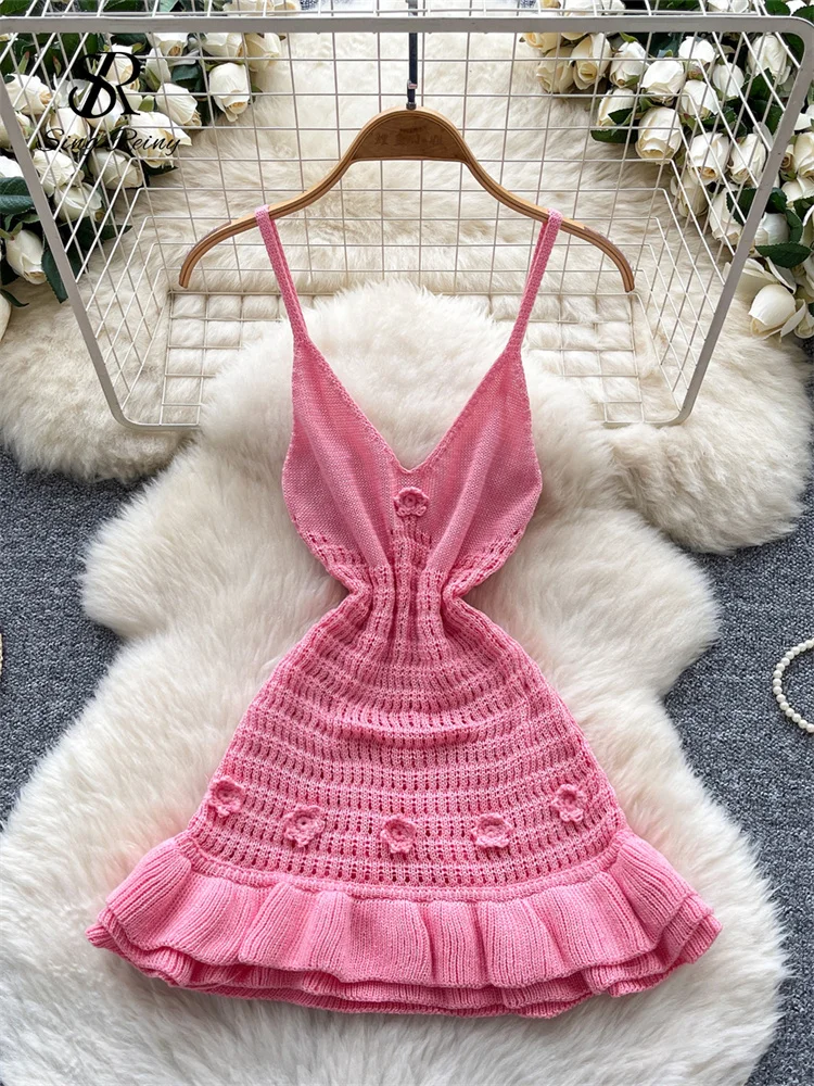 

SINGREINY Knitting Straps Beachwear Dress Deep V Backless Ruffles Short Dress Women Summer Hotsweet 3D Floral Chic Mini Sundress