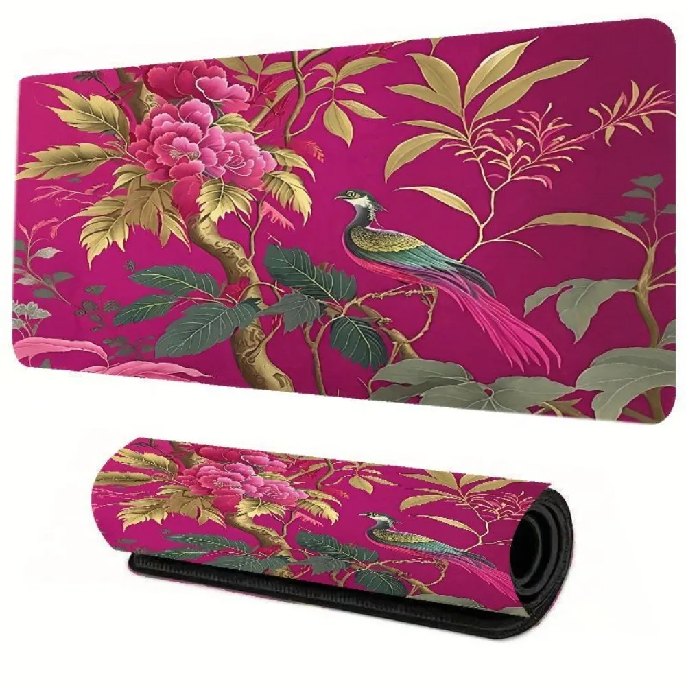 Bright pink flower and bird pattern table mat, modern white office desk accessory, suitable for gaming and office use