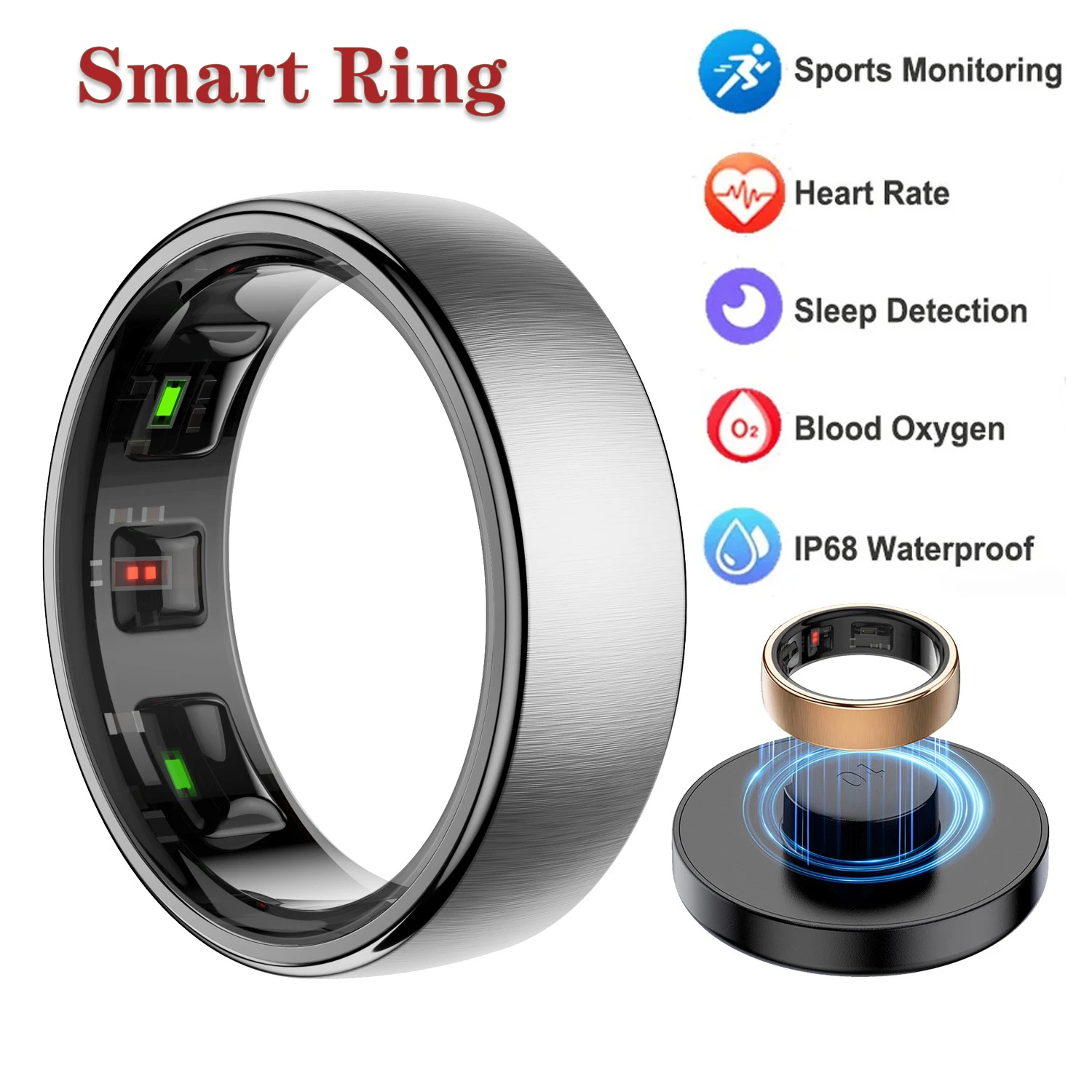 충전 도크가 있는 스마트 링 남성 여성, 건강 수면 심박수 모니터링 IP68 및 5ATM 방수 멀티 스포츠 모드 Smartring