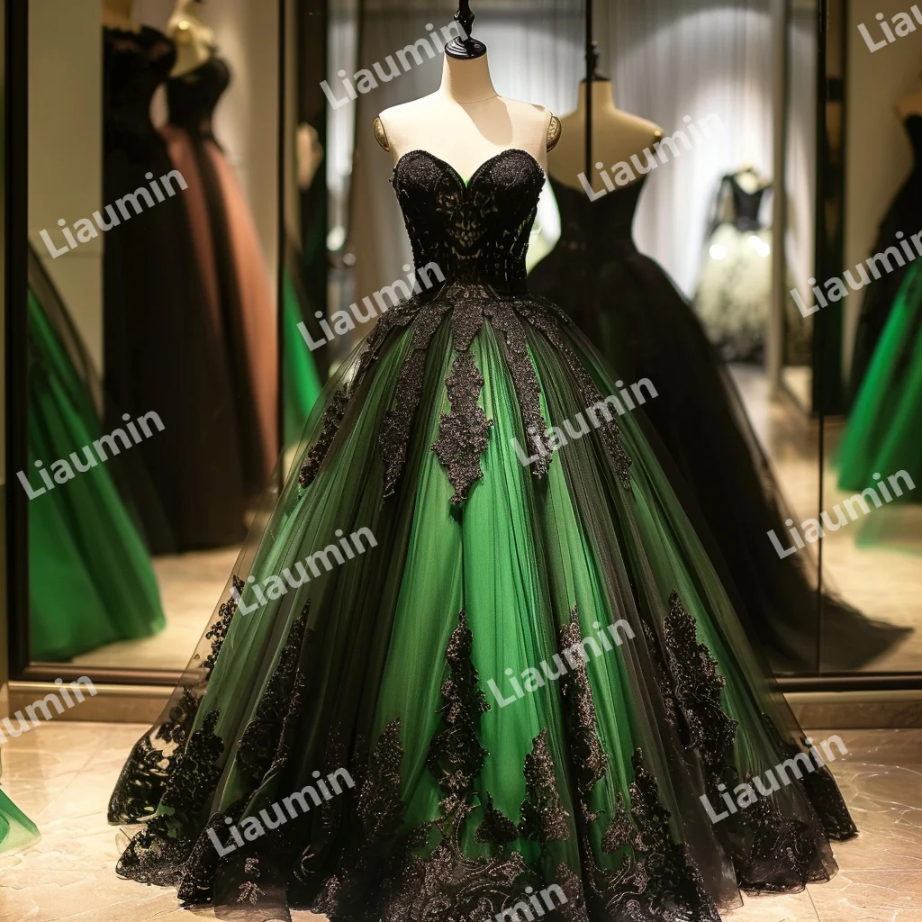 Green Tulle Black Lace Applique Strapless Ball Gown Prom Formal Dresses Evening Party Lace Up Back Custom Hand Made A3-3.1