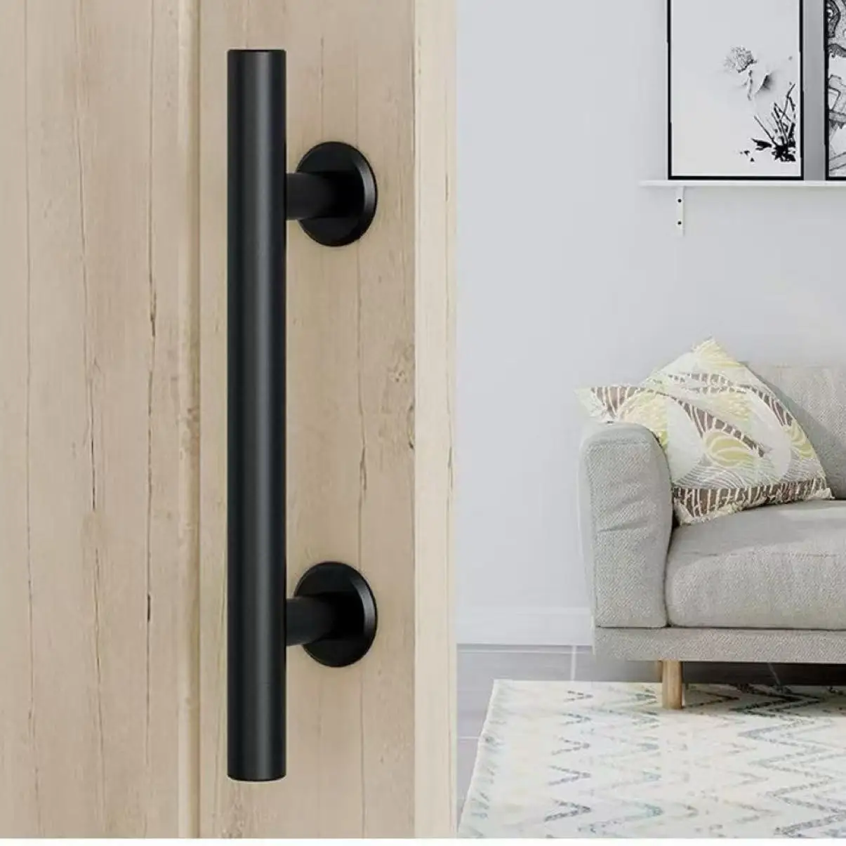 Door Handle Black Circular Double Sided American Wooden Door Indoor Sliding Door Mobile Door Handle All Black Reinforced