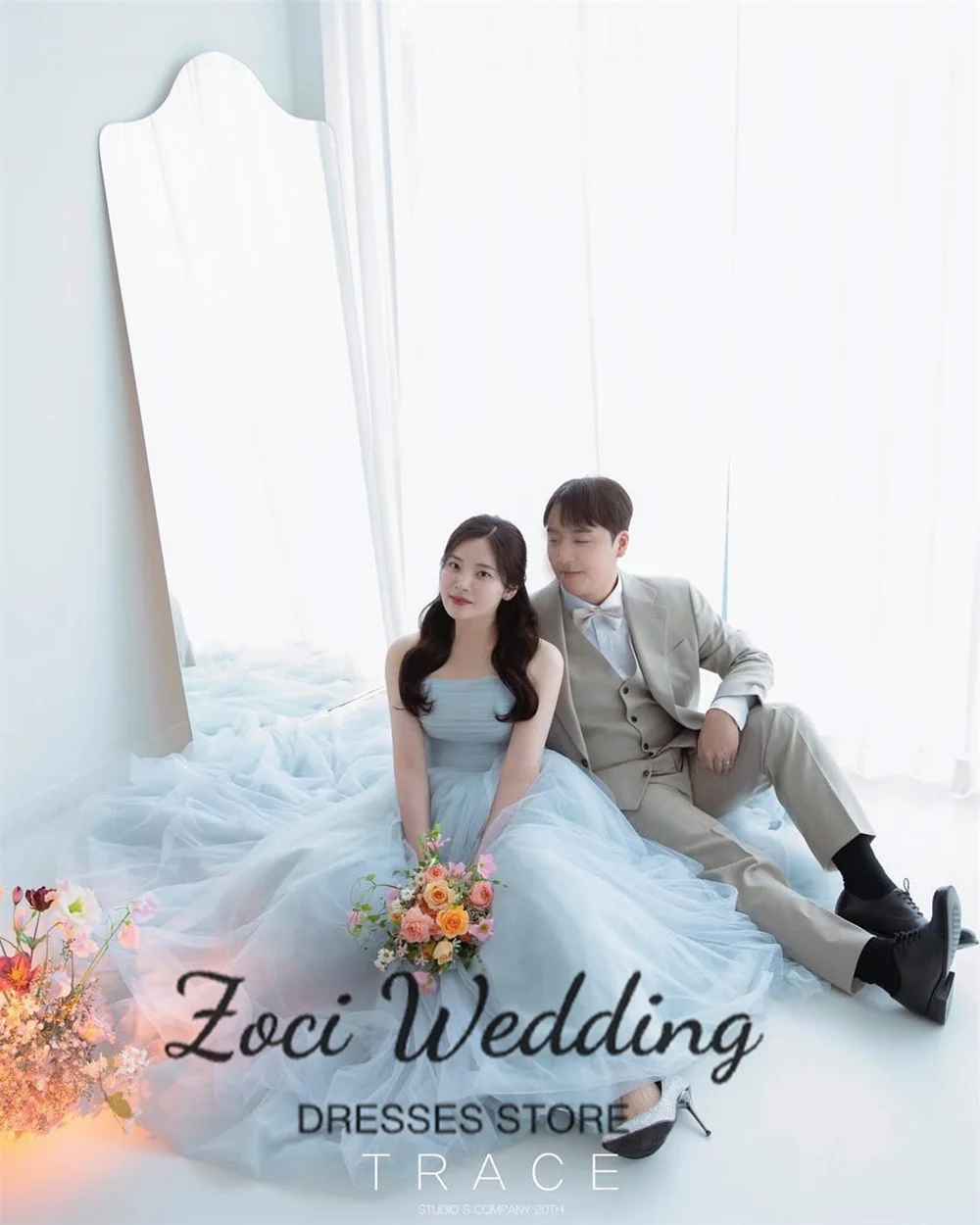 Zoci Sky Blue Soft Tulle Korea Wedding Dresses Strapless A-line Customized Photos Shoot Dress Sleeveless Fairy Bridal Gown