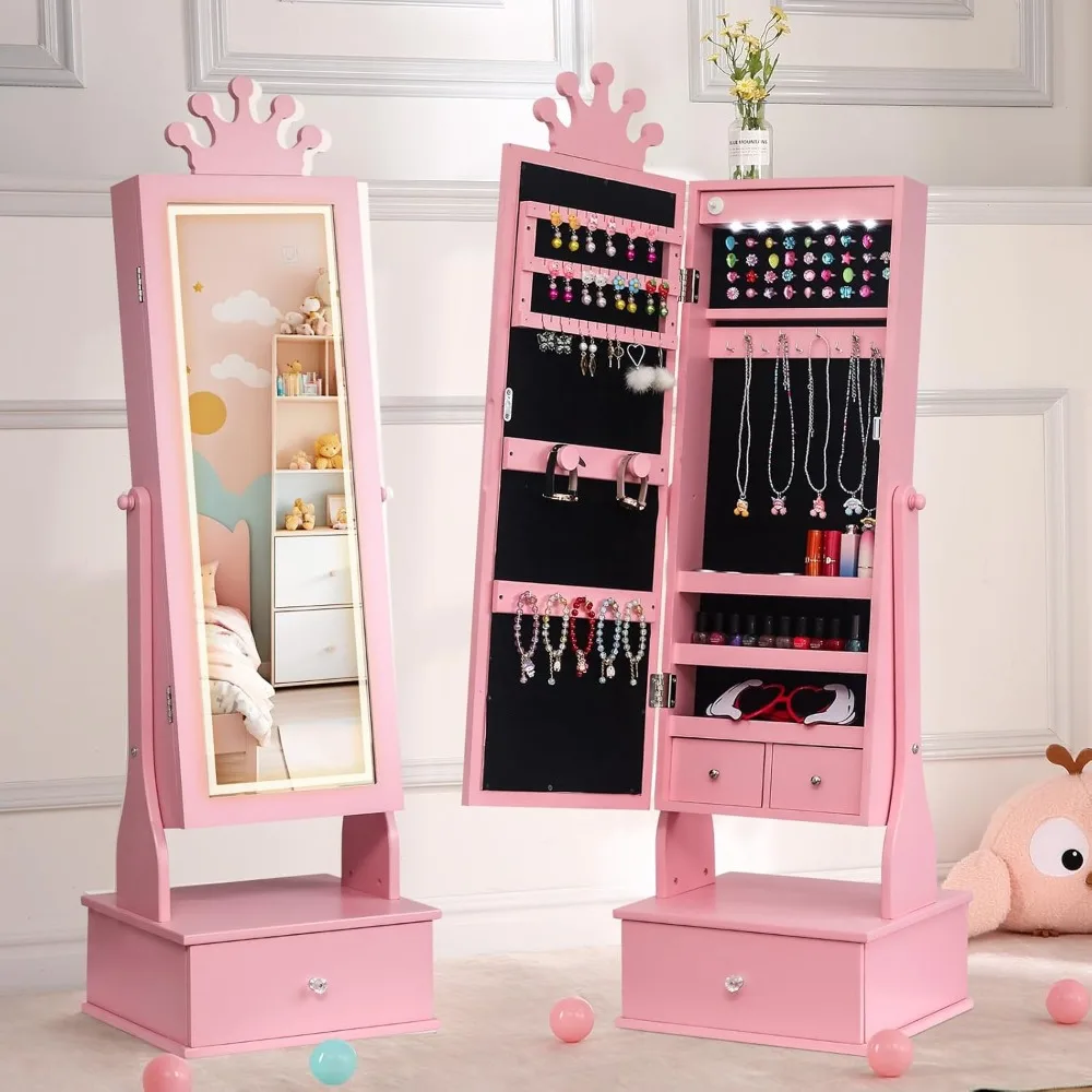 

Kids Jewelry Armoire Cabinet with Full-Length Mirror, 46" Jewelry Armoire with Led Light, Kids Jewelry Organizer with 3 Storage