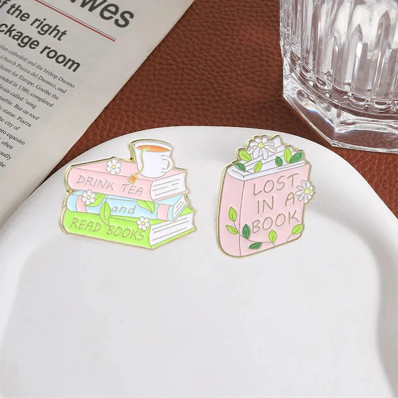Cute Book Theme Enamel Pins Drink Tea And Read Books Metal Brooches Fashion Lapel Badge Backpack Clothes Jewelry Gift for Friend