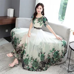 Green Big Swing Chiffon Dress Women's Summer Dress 2023 Fashion Long Slim Floral Dresses Print Short Sleeve A-Line Dress Elegant