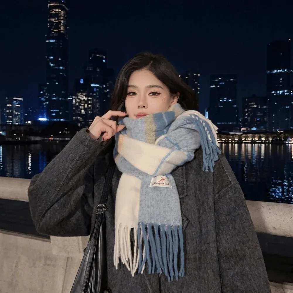 Soft Faux Cashmere Scarf Classic Tassels Thickened Warm Stripe Shawl Plaid Design Color-Block Blanket Scarf Autumn Winter