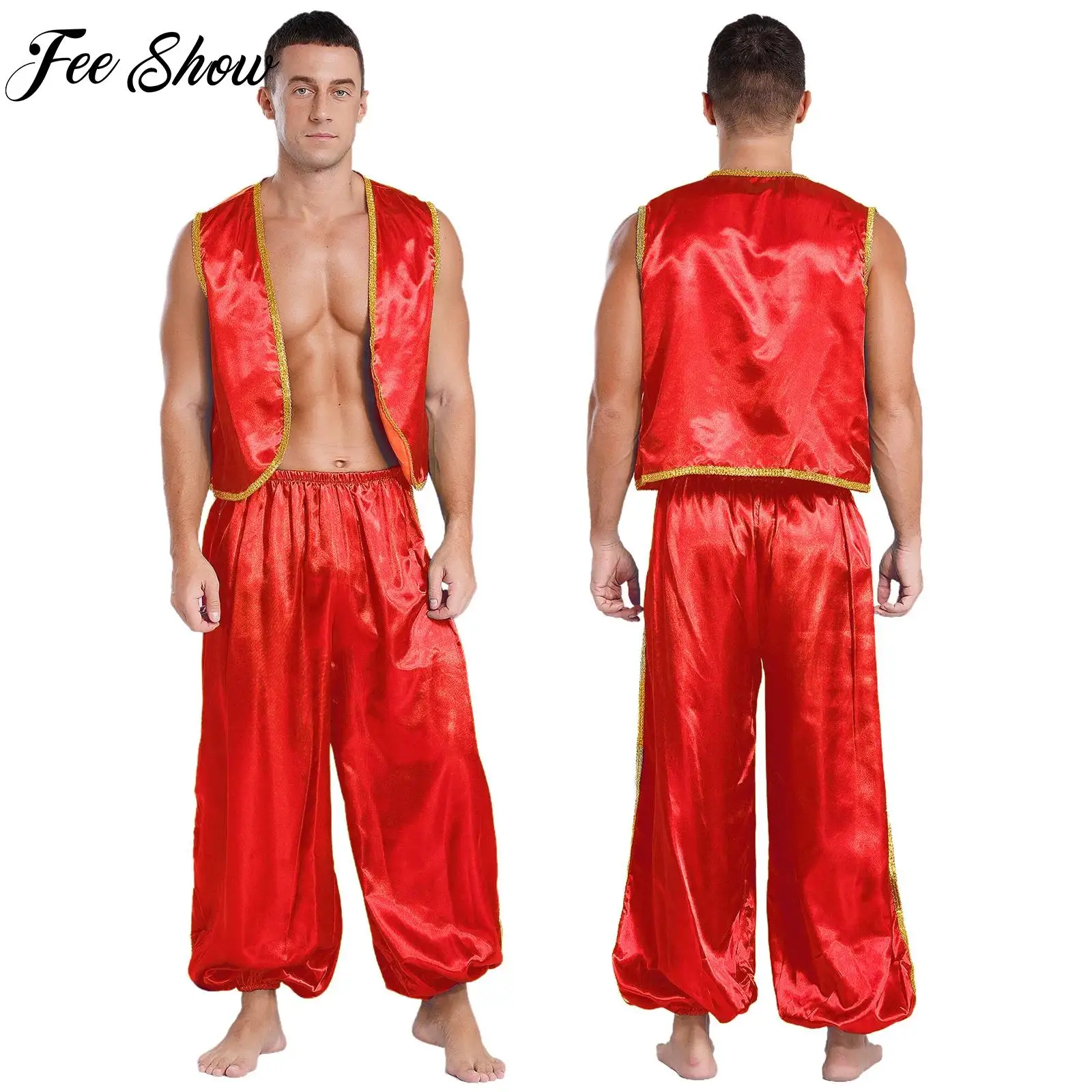 

Mens Arabian Prince Costume Halloween Carnival Party Fairytales Cosplay Dress Up Outfit Gold Trim Satin Waistcoat+Pants Suit