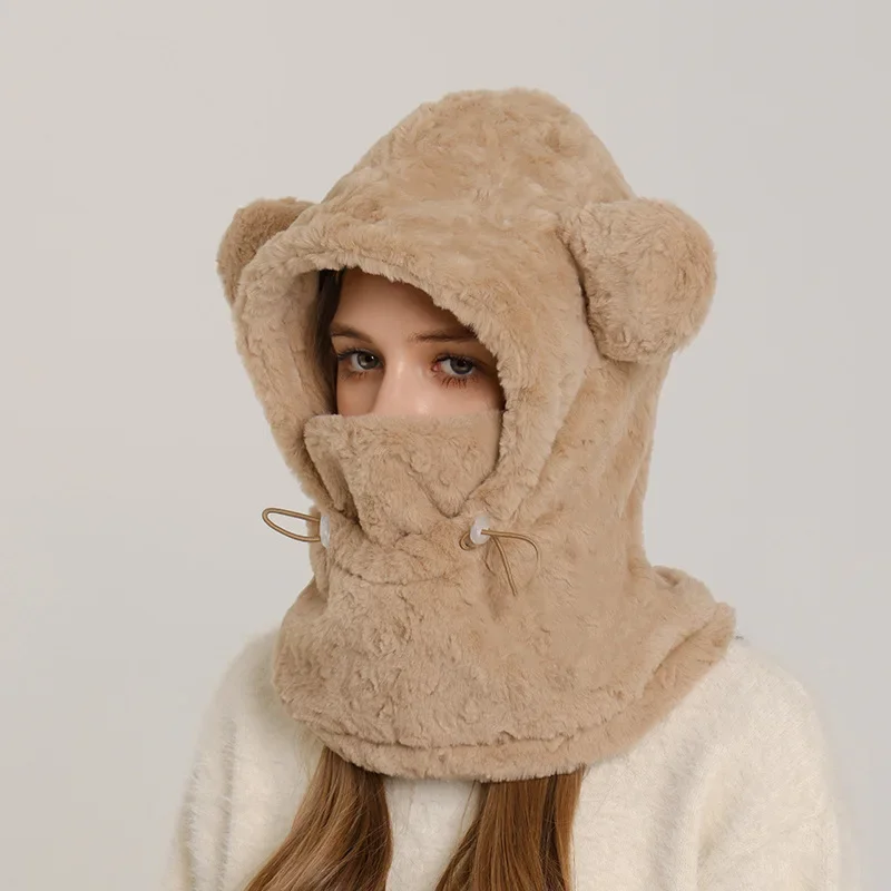 Engrossado de pelúcia inverno quente chapéu cachecol máscara define feminino kawaii urso orelha gorro proteção de orelha boné à prova de vento bicicleta bowler chapéu