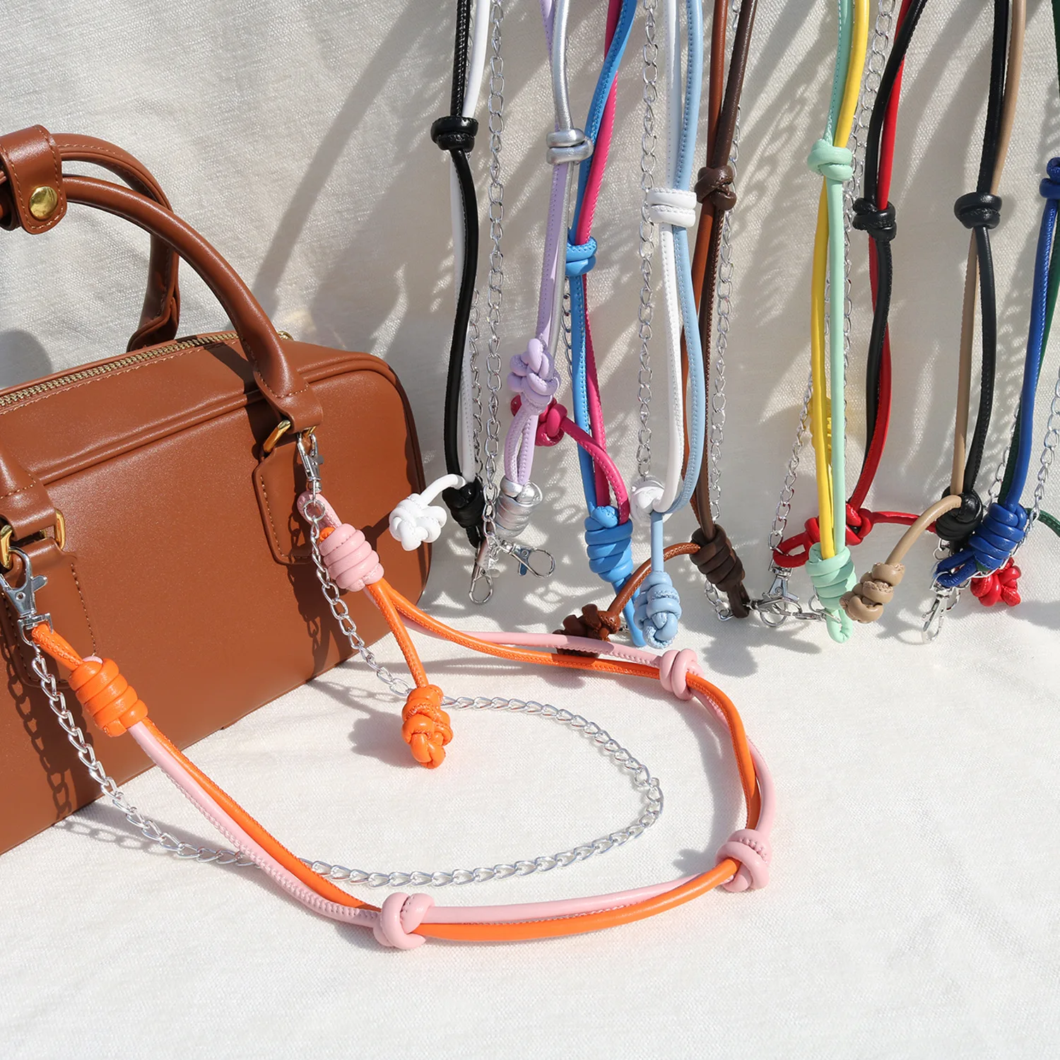Fashion Double Chain Bag Charm Retro PU Woven Knot Ornament Multifunctional Keychain Phone Pendant Women Matching Accessory
