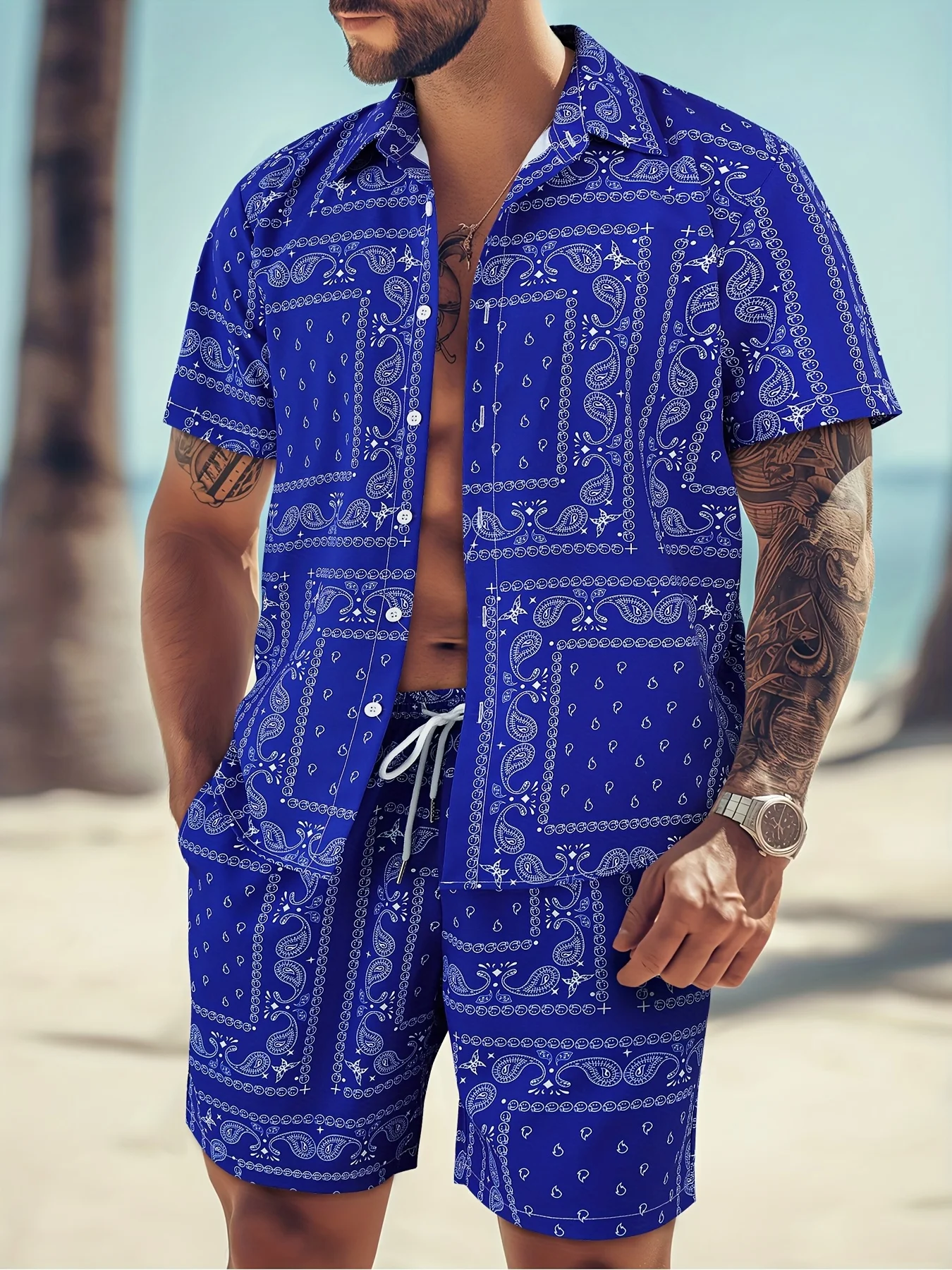 2pcs Fashion Men's Paisley Print Shorts Shirt Set Drawstring Waist Summer Beachwear White with Black Floral Prints Asian Size