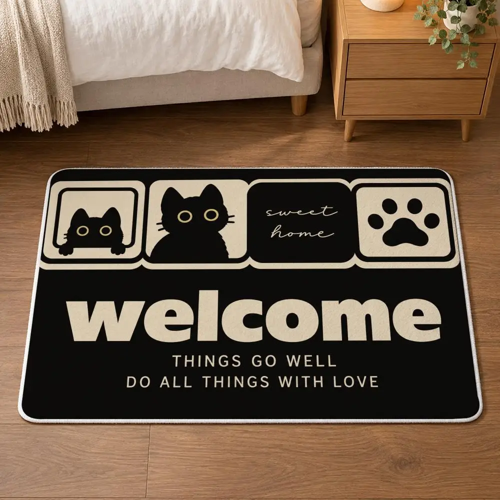 Black Cat Home Floor Mat Flannel Rug Soft Non Slip Door Mat for Bathroom Bedroom Entryway Home Decor Gift