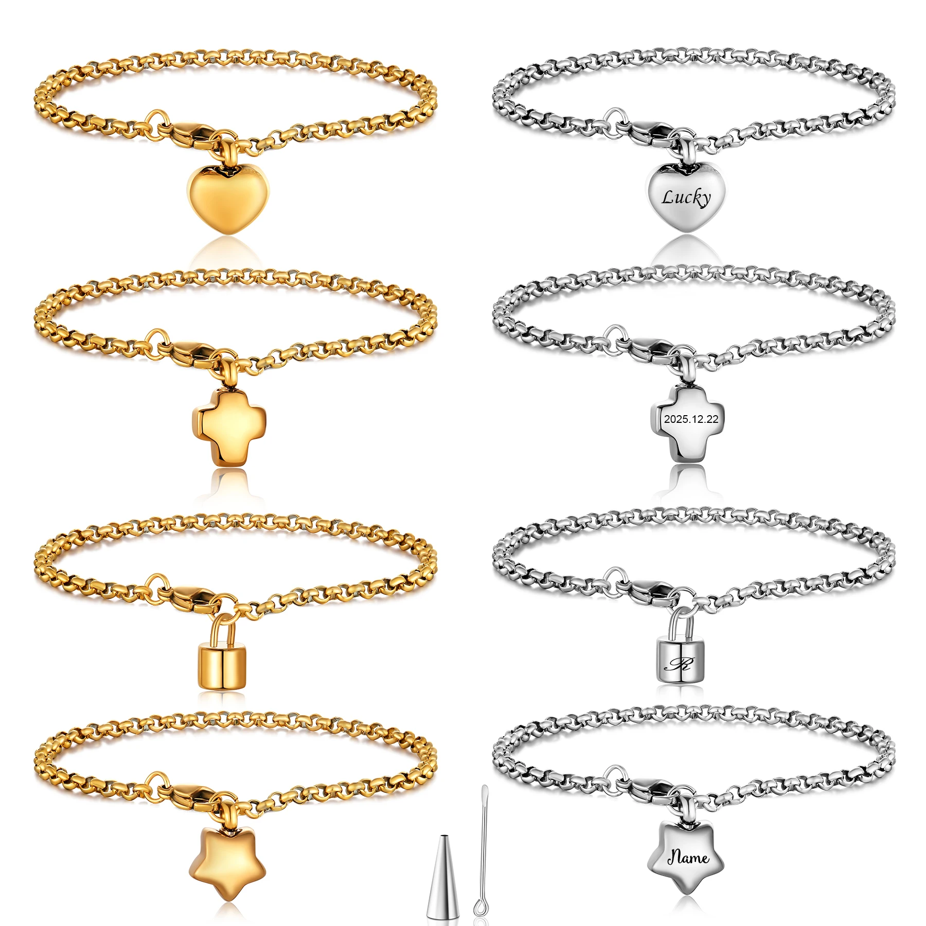 Custom Heart/Cross/Star/Padlock Charms Bracelet Cremation for Ashes Memorial Urn Bracelet  Stainless Steel Bangle Jewelry Gift