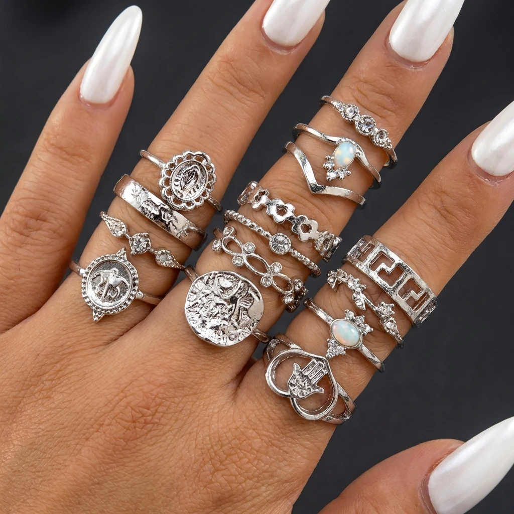 15-teiliges Set Vintage Silberfarbene Stapelbare Ringe für Frauen, Böhmischer Hamsa-Hand-Porträt-Münzring, Knöchel-Fingerring-Set, Schmuck-Geschenk