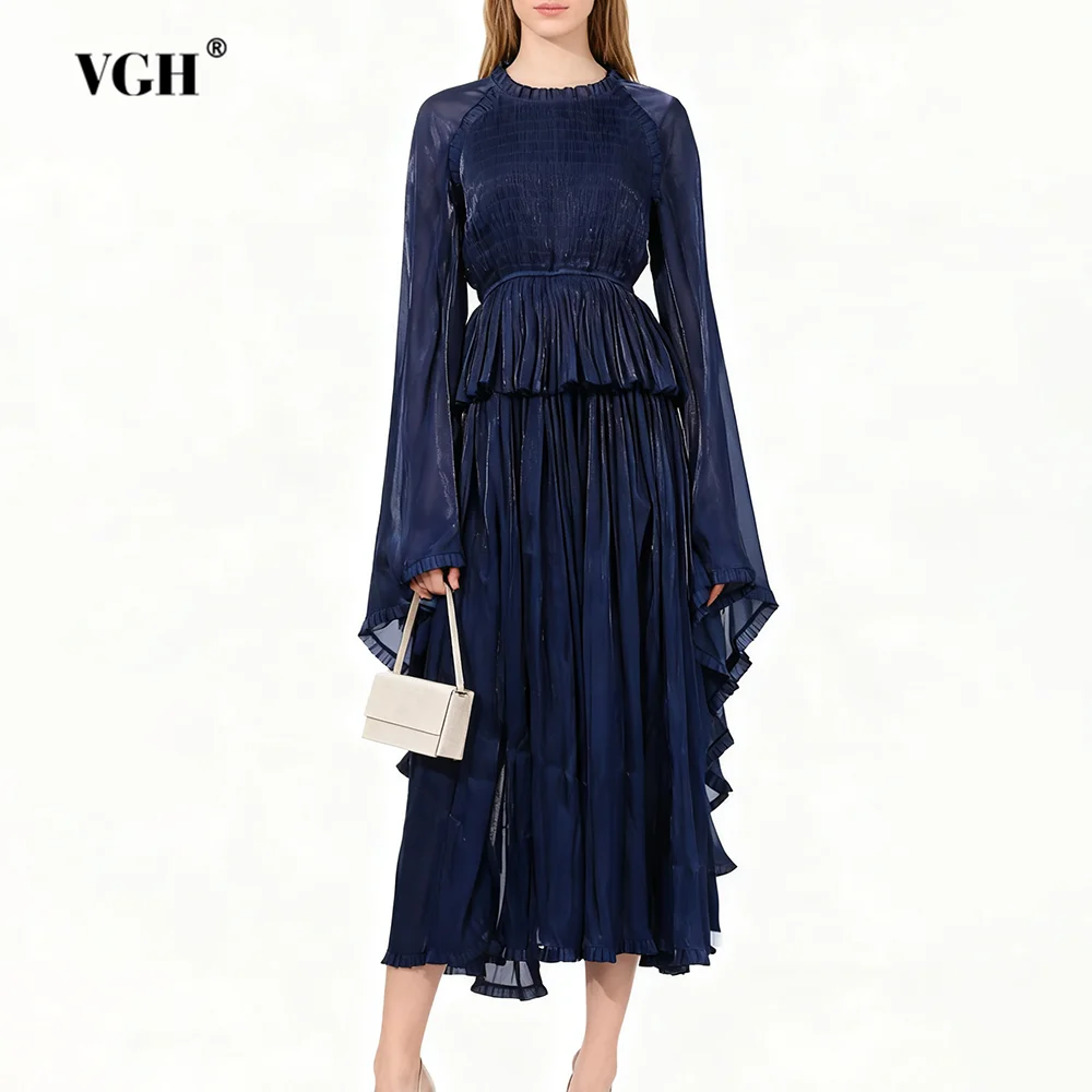 

VGH Temperament Vintage Dresses For Women Round Neck Long Sleeve High Waist Autumn Design Sense Solid Dress Female Fashion New