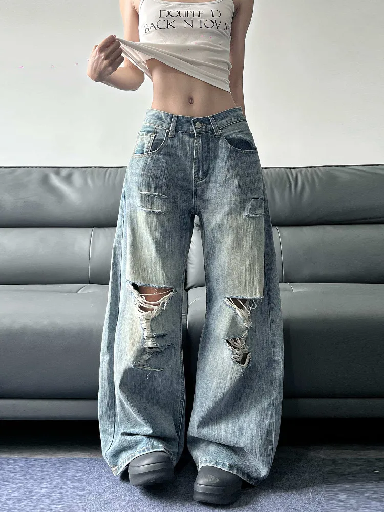 Retro American High Street Distressed Cleanfit Loose Wide Leg Jeans Men's Design Sense Bamboo Node Fashionable Jeans