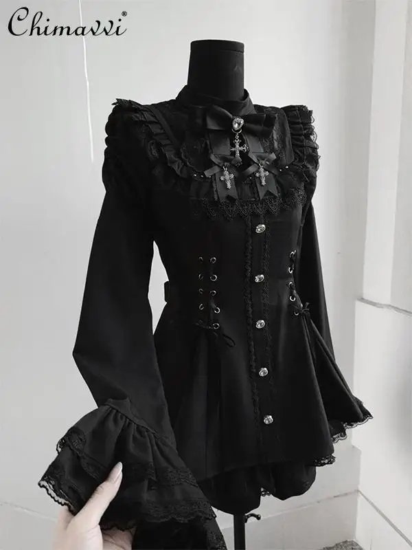 Japanese Mines Mass-produced Lace Horn Sleeve Saliva Towel Waist Dress Set Lolita Slim-fit Long-sleeved Top and Shorts Two-piece