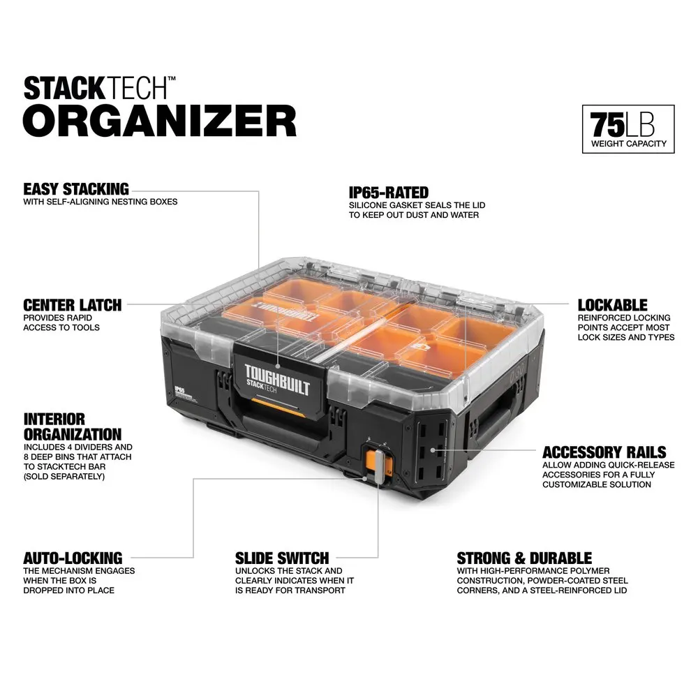 TOUGHBUILT TB-B1-O-30 11-Compartment Large Plastic Small Parts Organizer Includes 8 Deep Bins and 4 Dividers