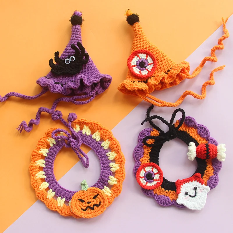 Halloween Ghost Festival Cat Crochet Collar Dog Pet Bib Decoration Collar Pumpkin Handmade Wool Knitting Dog Bandana