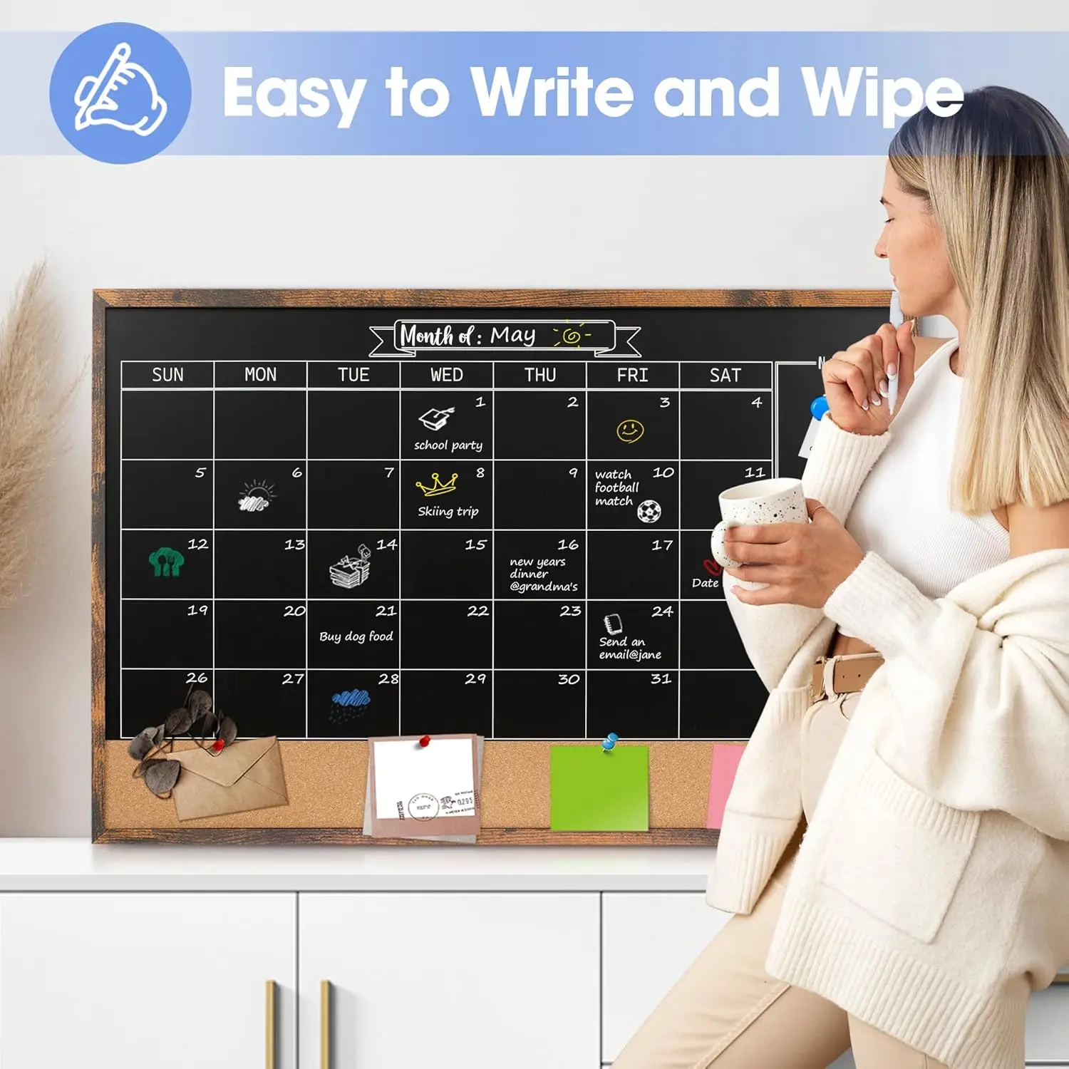 مجموعة تقويم السبورة الشهرية المغناطيسية ولوحة الفلين، مقاس 24 بوصة × 36 بوصة، مثبتة على الحائط للمكتب والمطبخ والمدرسة والمنزل