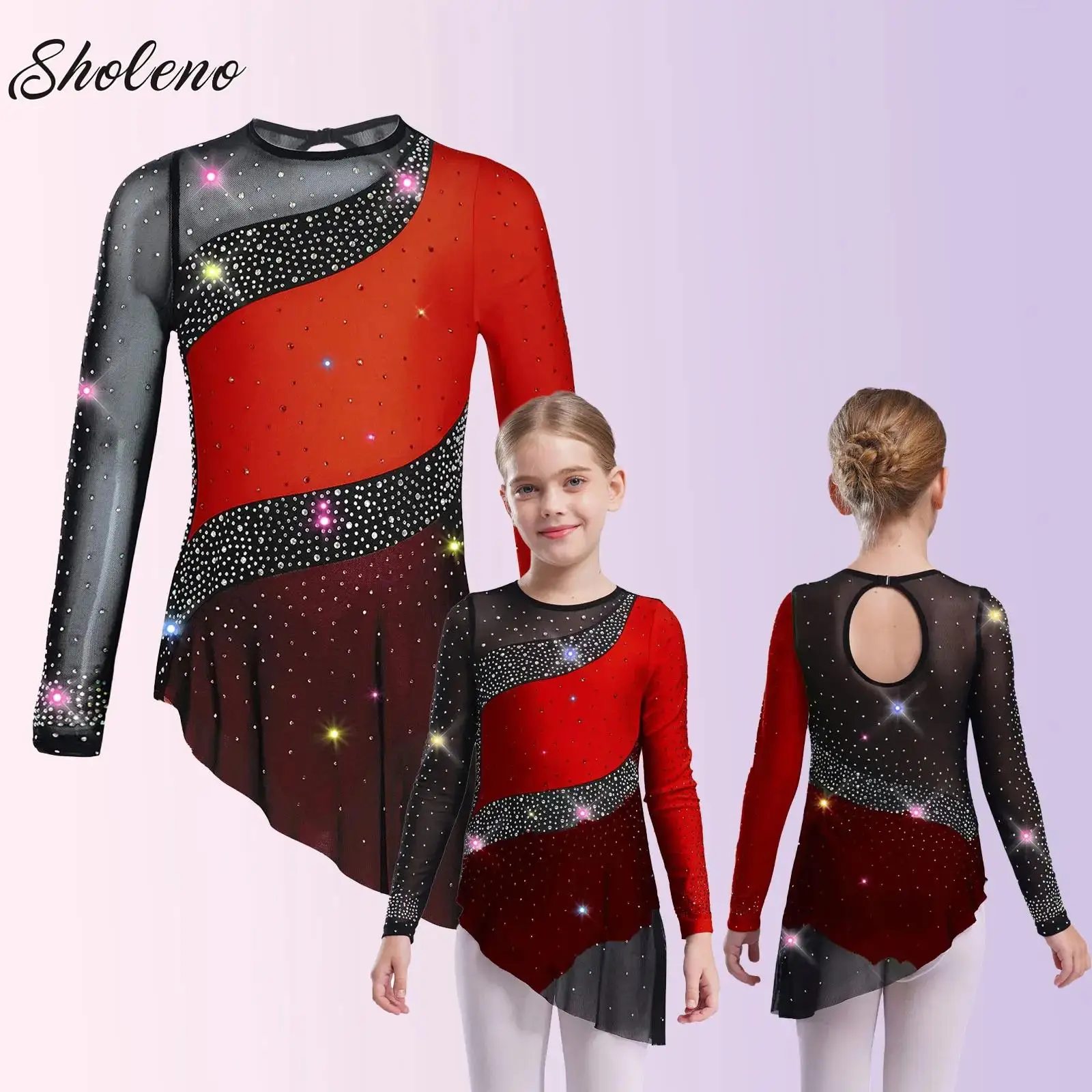 Strój gimnastyczny dla dziewcząt do gimnastyki artystycznej, baletu, tańca lirycznego i latynoamerykańskiego, kostium na występy, body z dżetami i spódniczką do łyżwiarstwa figurowego