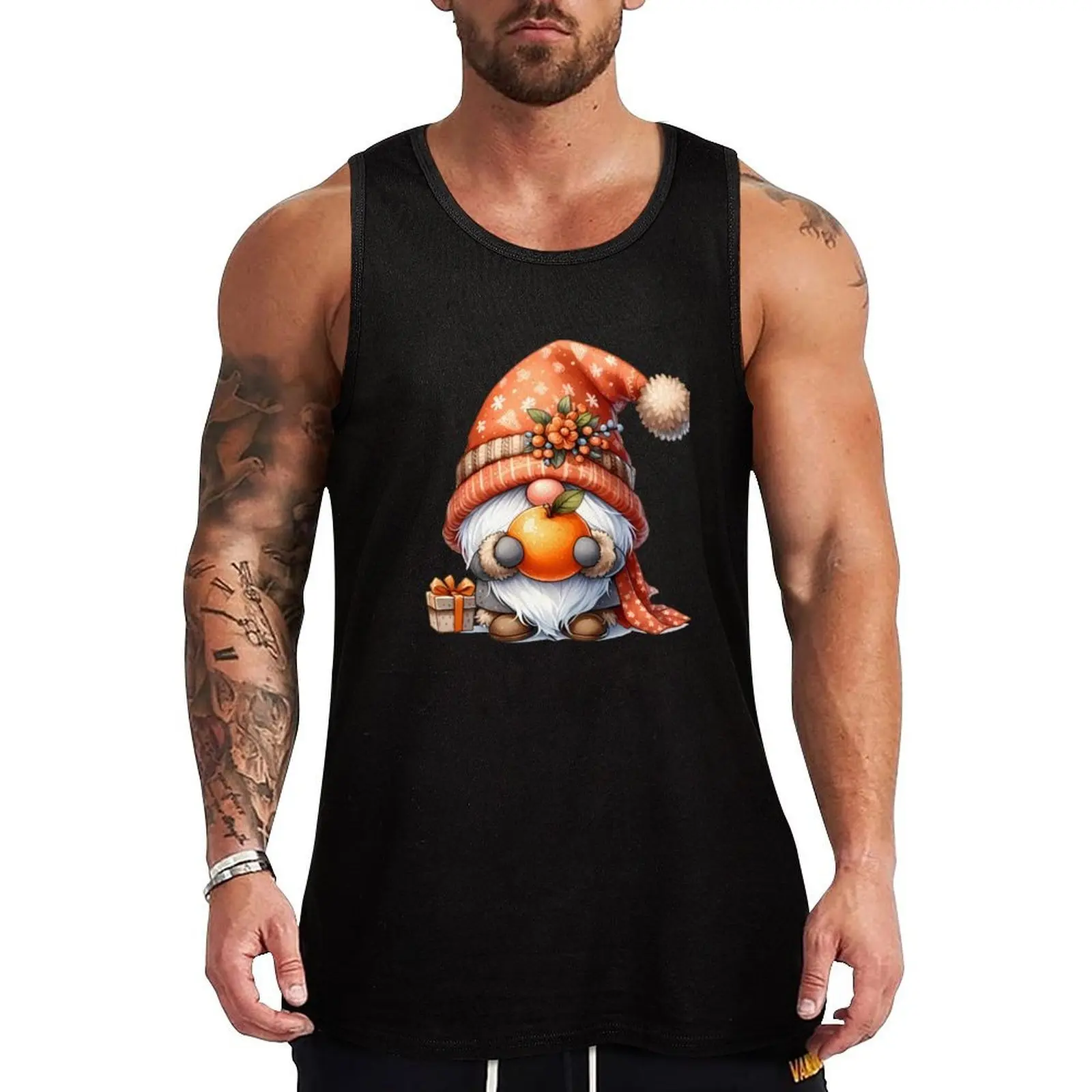 

cute gnome holding orange Tank Top Bodybuilding Fitness Tank Top Sleeveless Gym Shirt