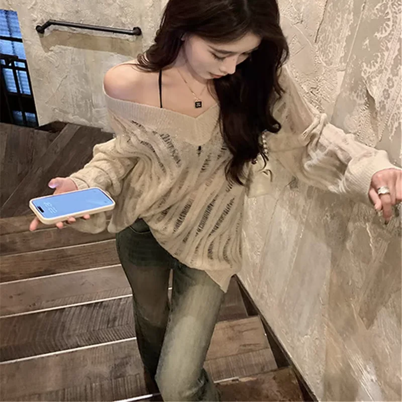 Summer Sun Protection Coat Women Y2k Lazy Loose V-neck Hollow Out Tops Mujer 2024 New Long Sleeve Black Knitted Pullover