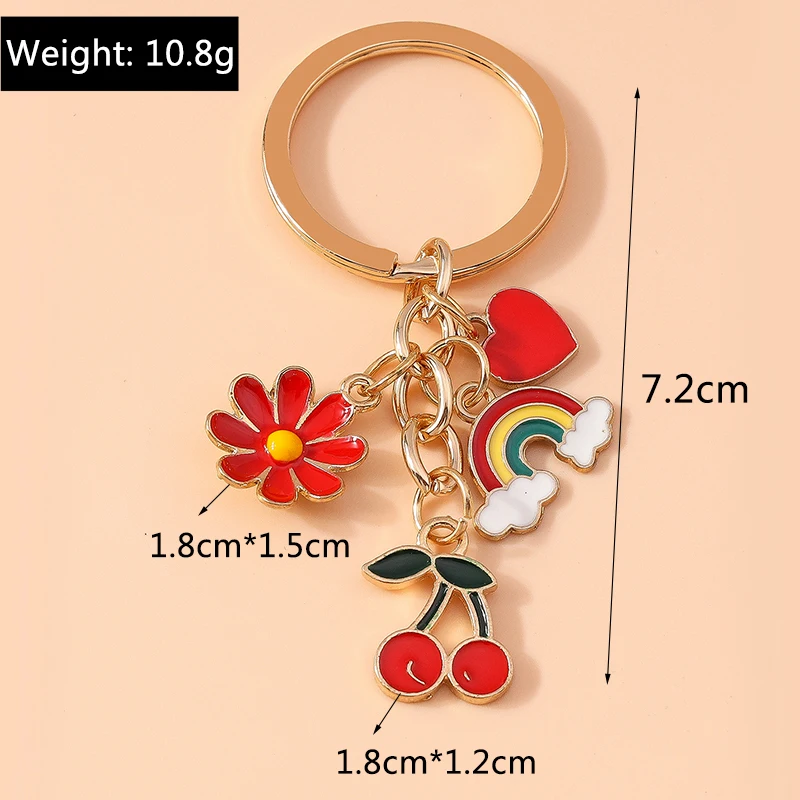 Aihua Niedlicher Emaille-Schlüsselanhänger mit Rotem Herz, Gänseblümchen, Kirsche und Regenbogen für Damen und Mädchen, Handtaschen-Dekoration, DIY-Schmuck, Geschenke – Detail 5