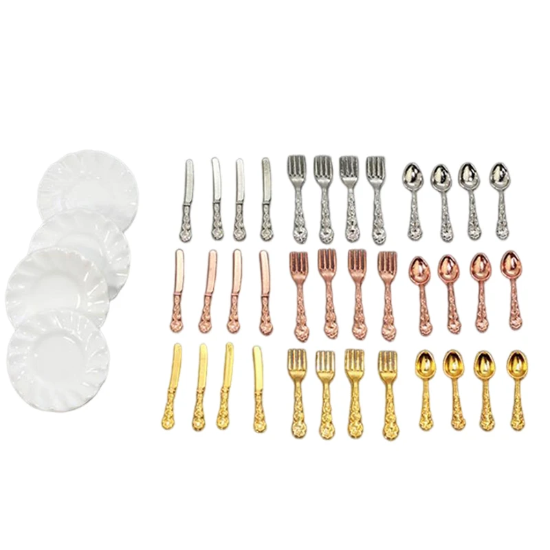 16Pcs/lot Miniature Dollhouse Knife Fork Spoon Plate Tableware Set Dollhouse Kitchen Decoration Accessories Furniture Toys