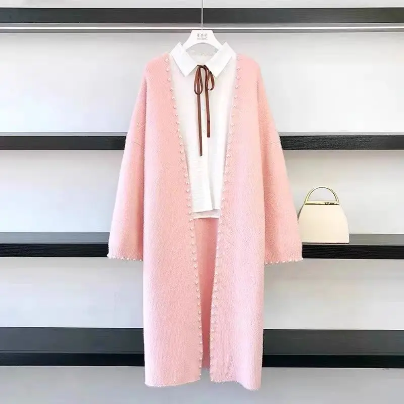 Casaco de pele tipo vison cardigan para mulheres outono e inverno novo solto sobre o joelho longsweater tricô cardigan maré casaco