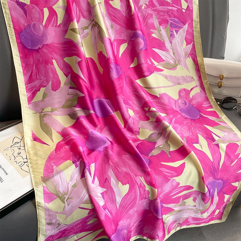 2024 Seiden schals Frauen Luxusmarke Hijab Schal Blumen Foulard Femme Schals Wraps Seide Bandana Kopftuch Hijab Strand Poncho – Detail 14