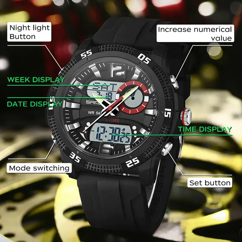 SANDA Fashion ساعات رجالية فاخرة مزدوجة شاشة ديجيتال رياضية تناظرية كوارتز ساعة يد كاجوال مقاومة للماء كرونوغراف من جل السيليكا