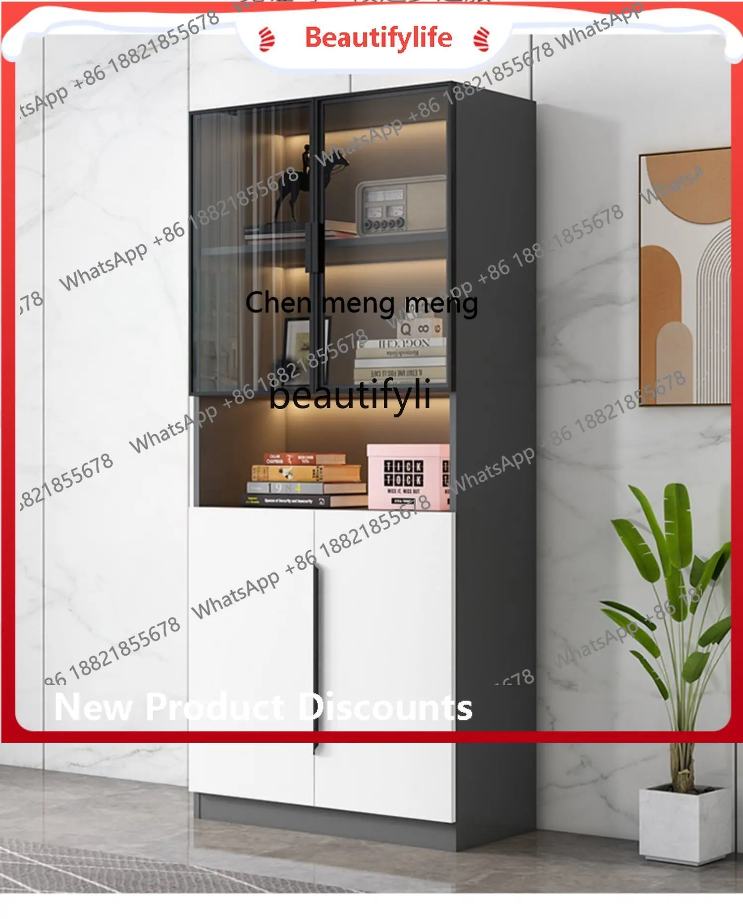 sscn8617 Solid Wood Bookcase with Glass Door Entire Wall Living Room Bookshelf Floor Standing Storage Cabinet Showcase