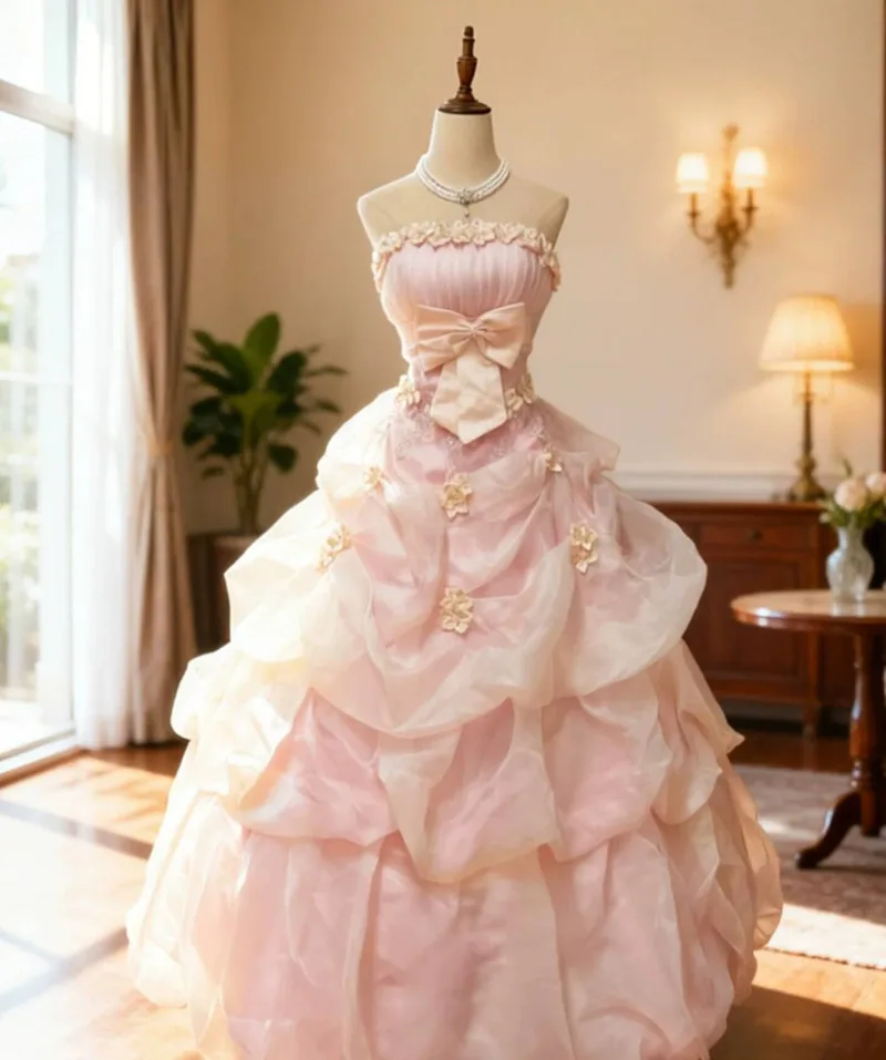 Vestido de noche rosa, elegante vestido de graduación, vestido de princesa Lolita, deslumbrante y elegante vestido de gala con flores 3D, gran lazo y tul en capas