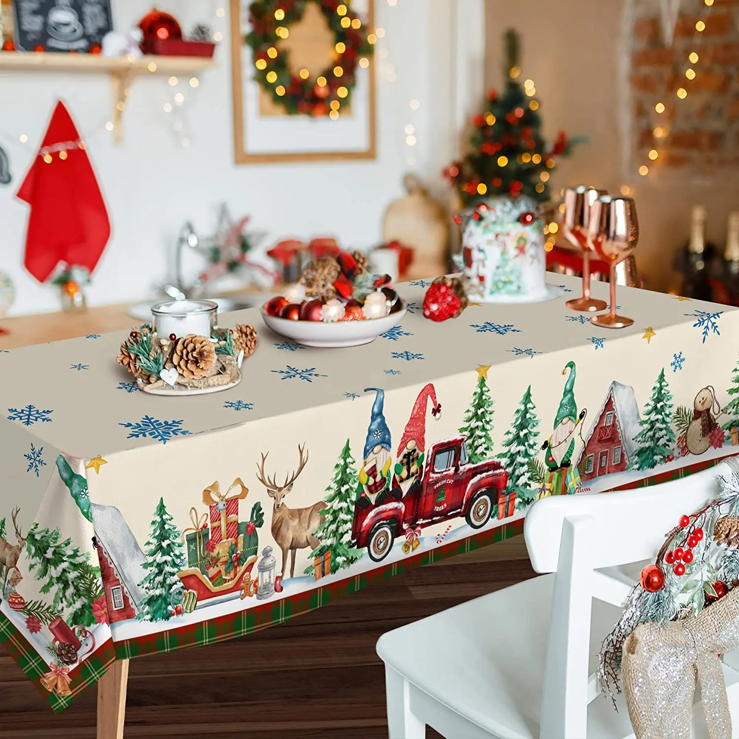 Christmas Gnome Snowman Truck Washable Vintage Ornament Table Cover for Picnic Party Outdoor Dinner Restaurant Table Cloth