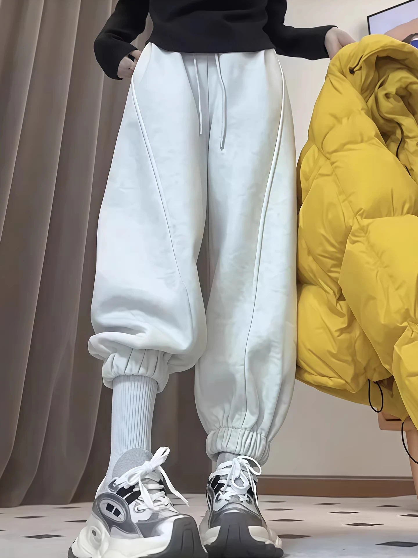 Pantalones Deportivos de Cintura Alta con Forro de Felpa para Mujer, Otoño Invierno, Nuevo Estilo, Talla Pequeña, Pantalones Casuales de Moda