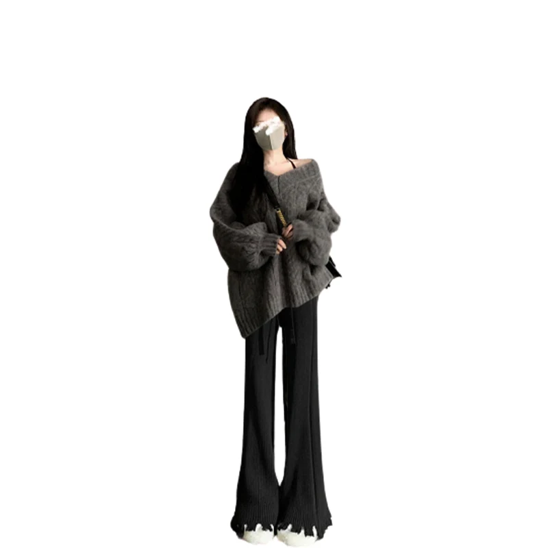 الكورية Sle سترة V-Ne عالية الخصر متوهج السراويل قطعتين مجموعة كسول Sle أوائل الخريف حجم كبير لباس نسائي غير رسمي