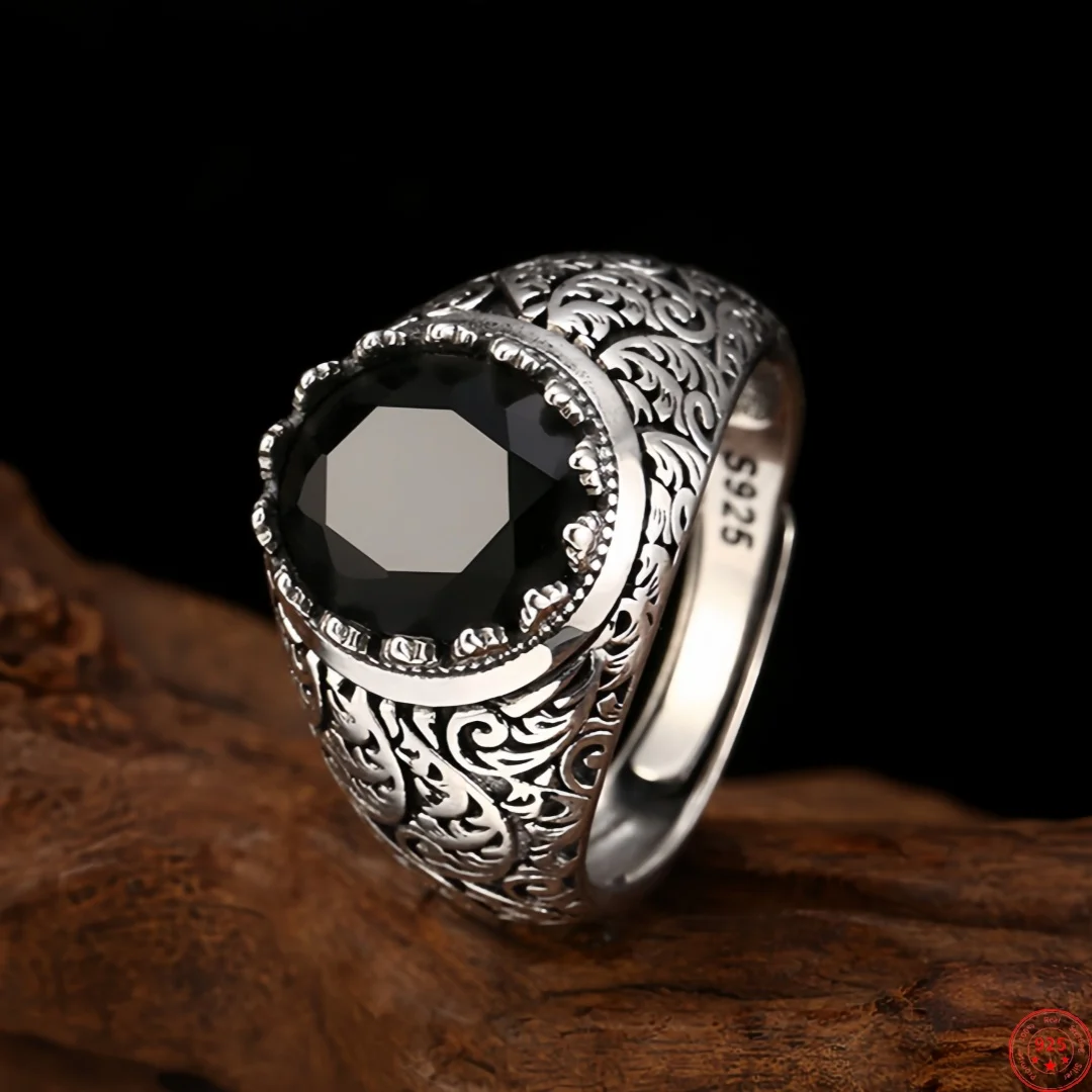 New S925 Sterling Silver Charms Rings for Men Antique Eternal Rattan Pattern Zircon Adjustable  Ring Fashion Fine Choice Jewelry