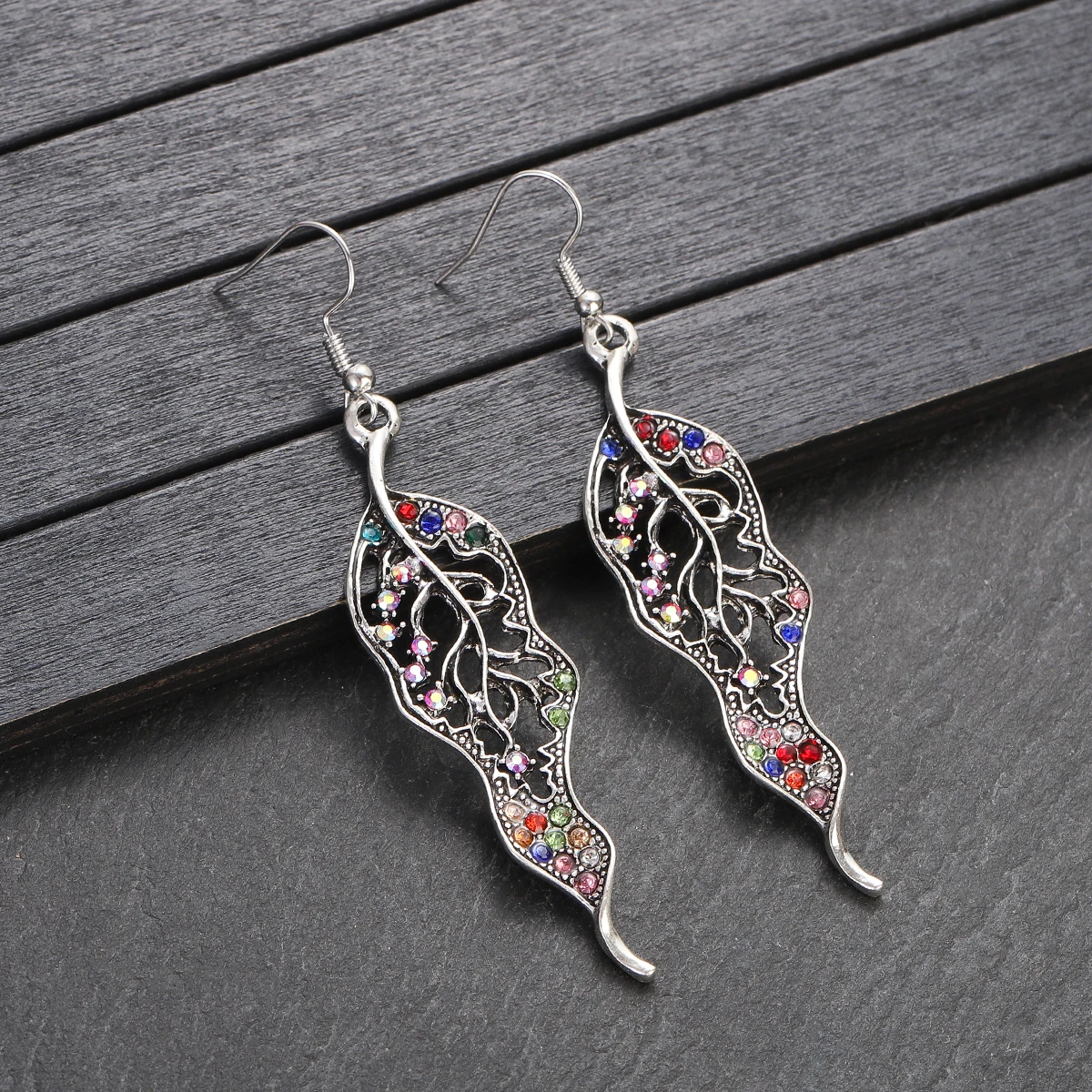 Ethnic Silver Color Leaf Earrings for Women Pendient Vintage Multicolor Zircon Hollow Long Earrings Statement Jewelry Gift