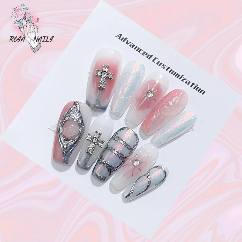 

ROSA NAIL Ручная роспись Крест-пресс на ногтях Ручная работа Поддельный кончик Радужный длинный гроб Крестики Авроры Серебряный Шарм Розовые накладные кончики