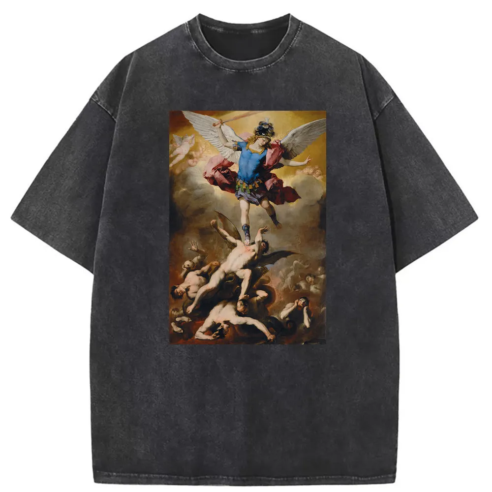 Michael Angel Graphic T-shirts The Archangel Artwork Long Sleeve Tee Shirt Men Novelty Printed Tshirts Retro Washed Sweatshirts