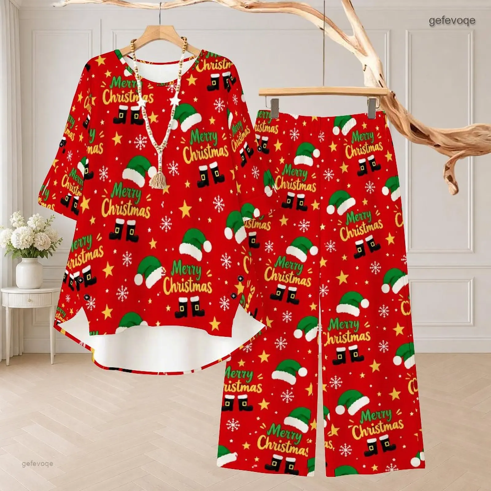 Women Red Printed Merry Christmas Motif Round Neck 3/4 Sleeve High Low Top Long Pants Two Piece Set