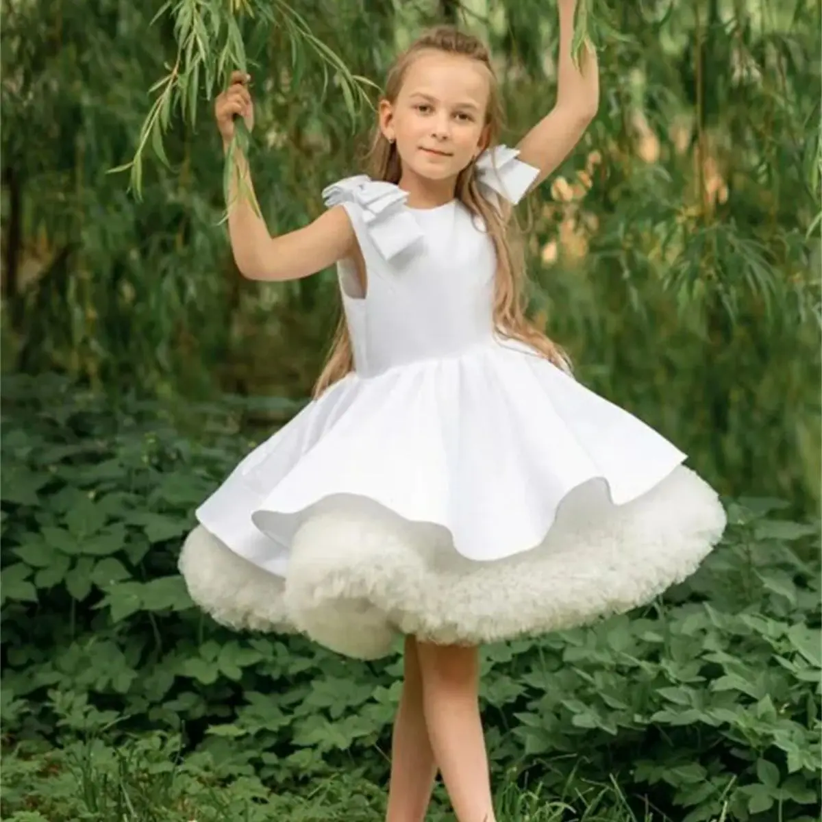 White Fluffy Flower Girl Dress Stain Bow Applique Wedding Elegant Flower Child's First Communion Birthday Party Dress