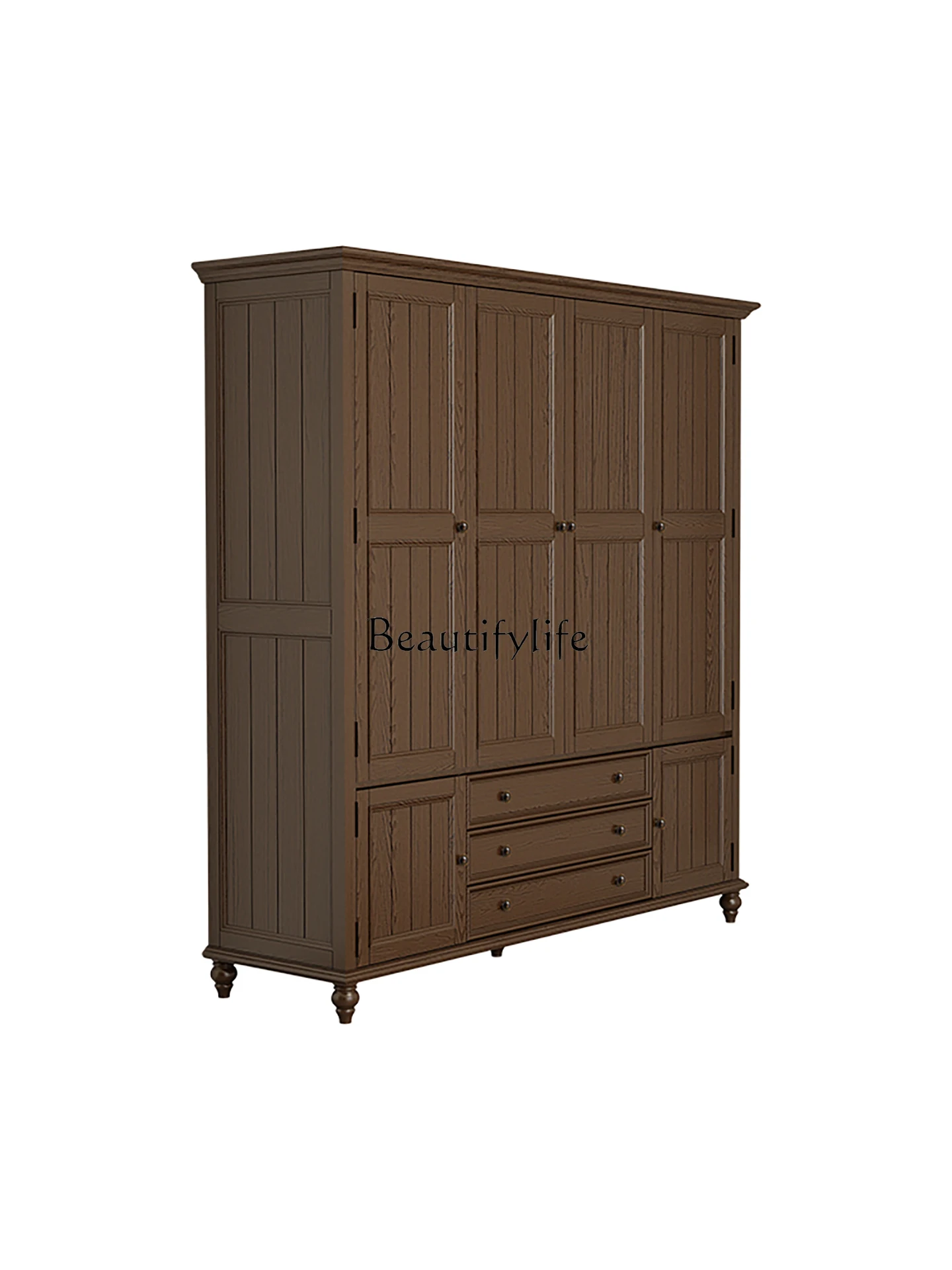 

American Country Retro Solid Wood Four-Door White Ash Large Storage Wardrobe