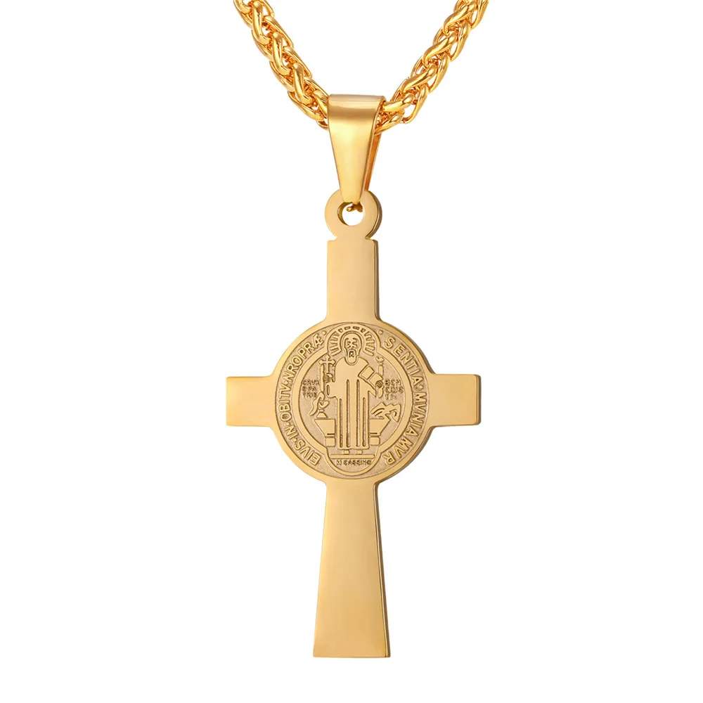 Collare Cross Pendant Men Stainless Steel Gold Color Medalla de San Benito Necklace Women Saint Benedict Medal Jewelry P084