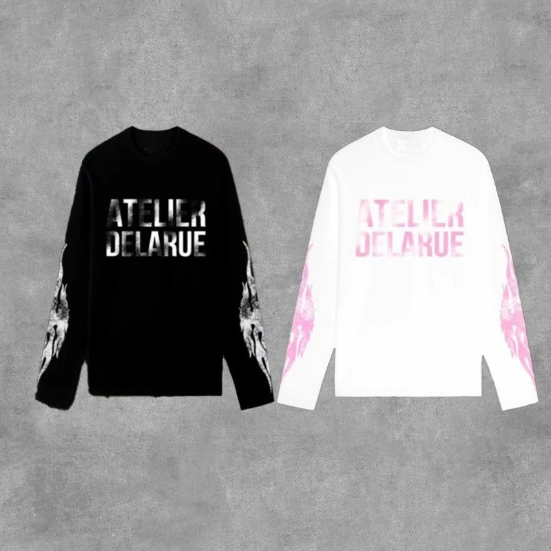 

2025 Y2K Harajuku Ретро нишевые топы с длинными рукавами и принтом букв и пламени, новая мода, повседневная удобная уличная одежда унисекс, большие размеры Clo