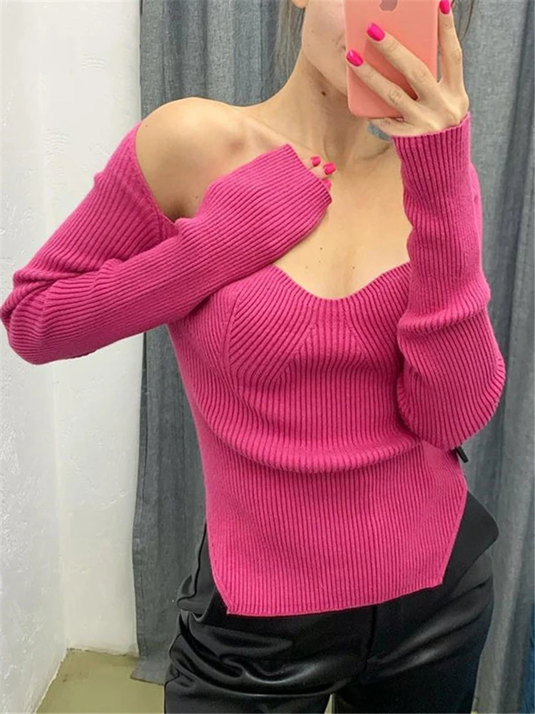 

Tossy Long Sleeve Sweater 2022 Autumn Women Knit Ribbed Top Ladies Casual Knitted Tops Pullover Off-Shoulder Knitwear Black