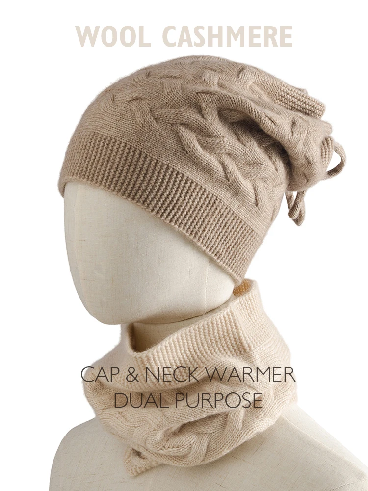 New Design Women Cashmere 35% Multipurpose Cable Cap Casual Neck Warmer Drawstring Hat Wool Soft Beanies Autumn Winter Real