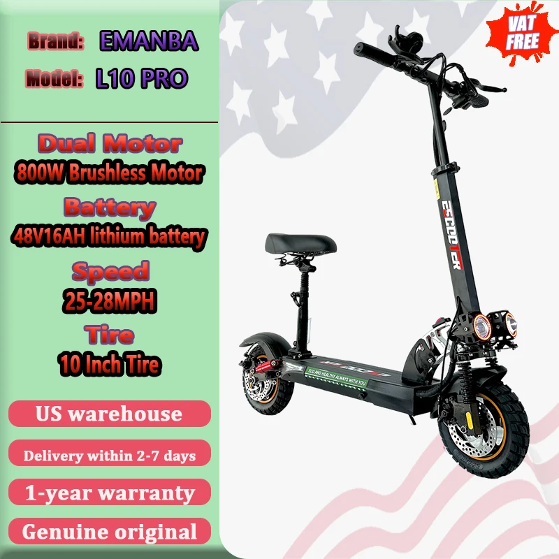 

Электрический скутер EMANBA L10 PRO, двигатель 800 Вт, 48 В, 16 Ач с сиденьем, электронный скутер для путешествий в город, 10-дюймовая шина, складной электросамокат для взрослых